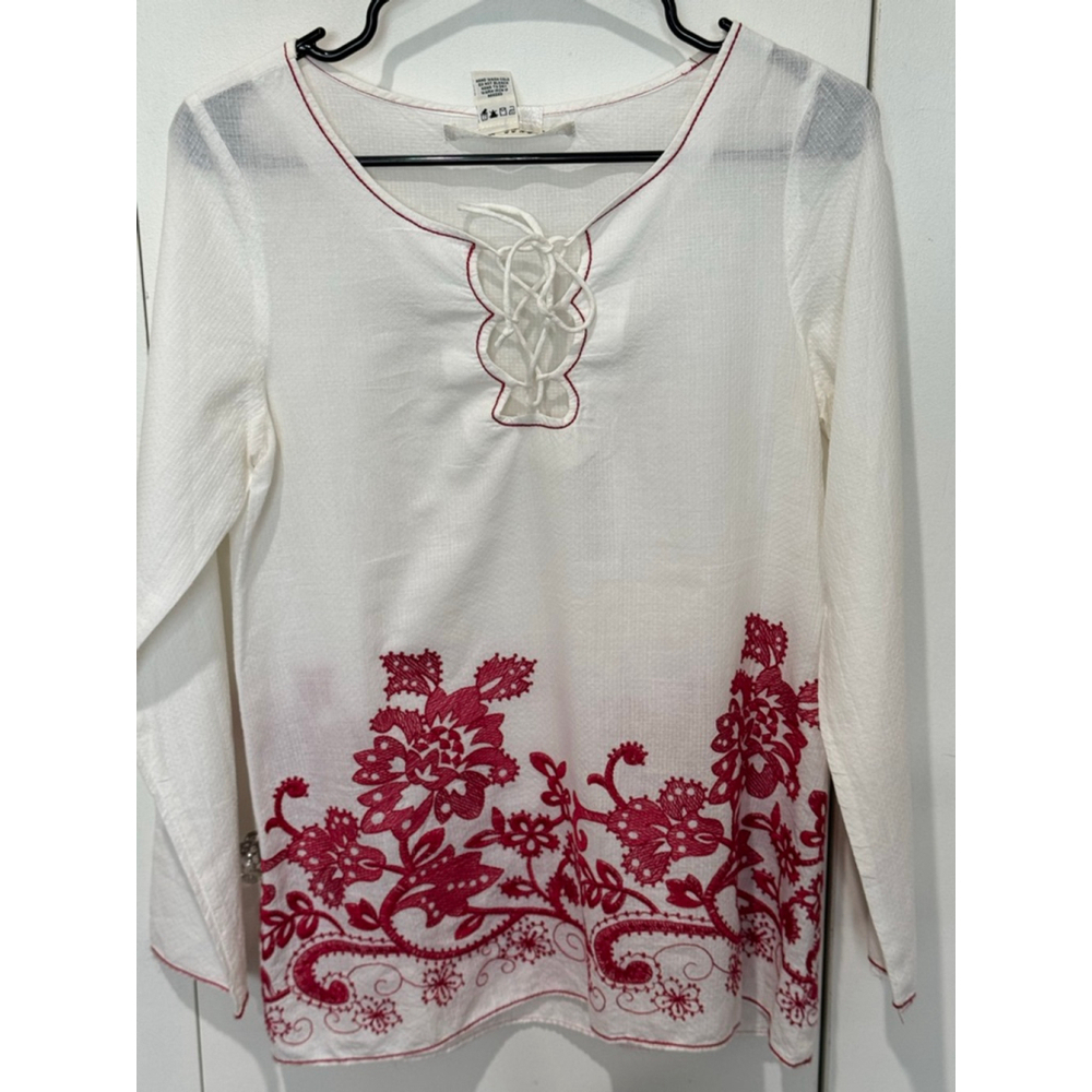 Women's Unbranded White & Red Floral Embroidered cotton Blouse S